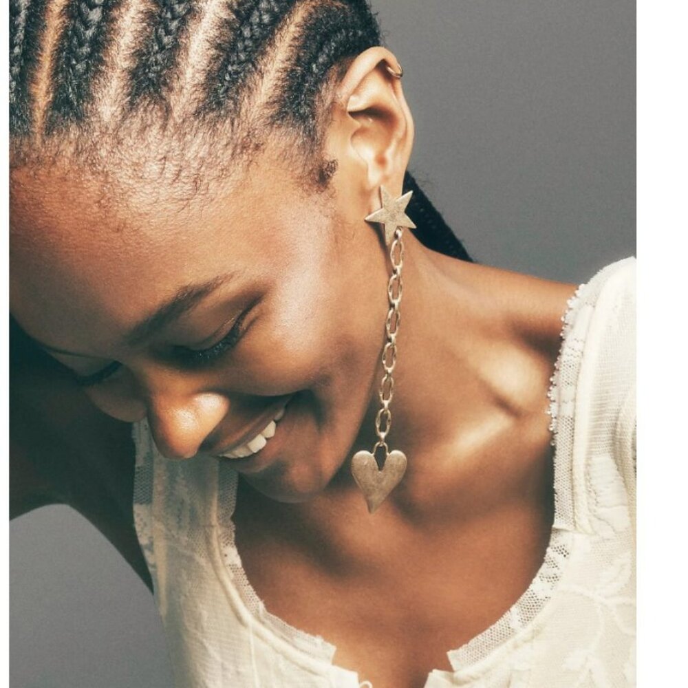 Free People Alia Dangle Gold Star & Heart Drop Earrings - NEW
